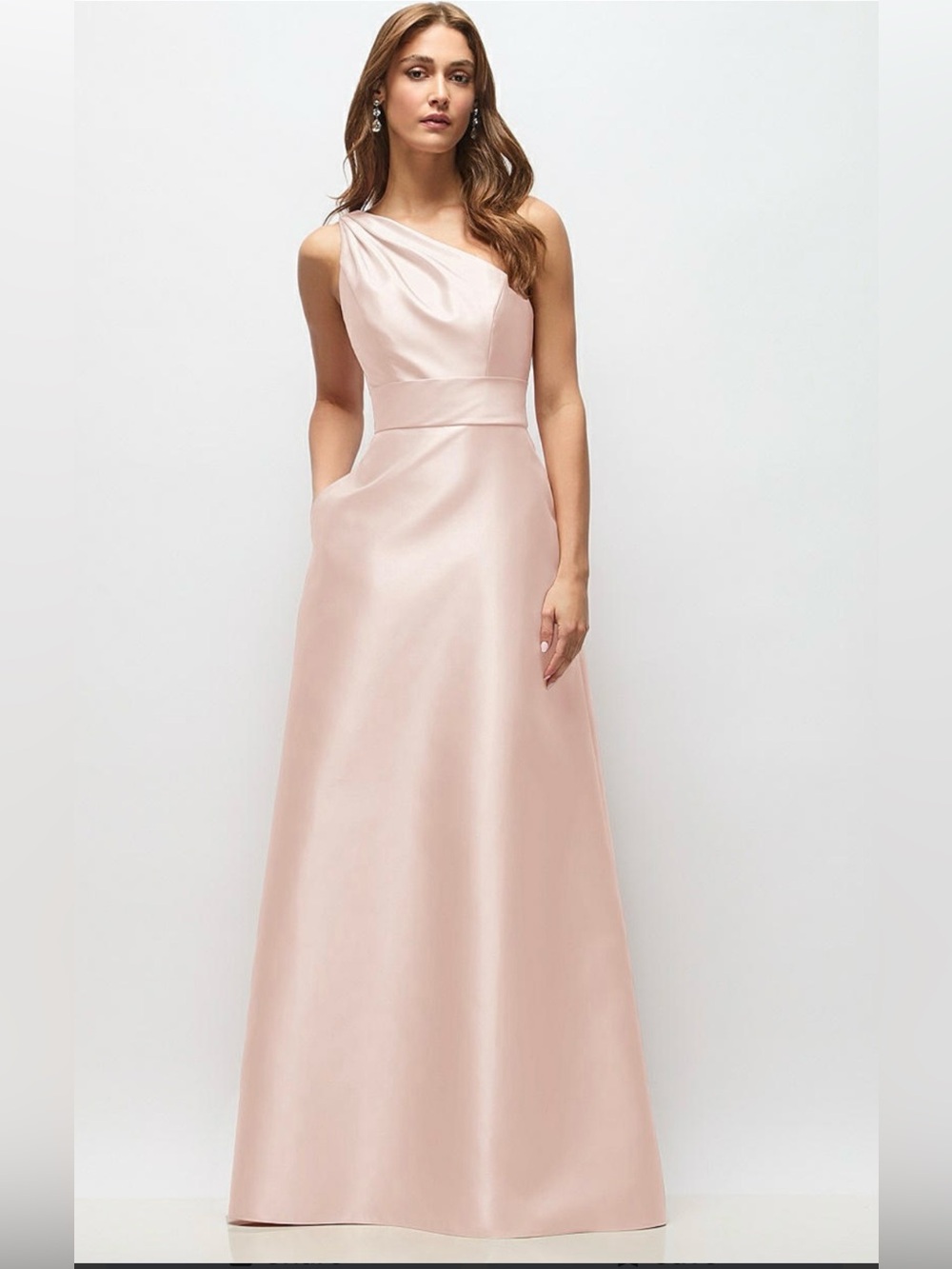 Alfred Sung Pleated Draped One-Shoulder Satin Maxi Dress with Pockets A4